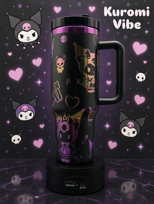 40oz laser engraved kuromi tumbler | holographic goth kawaii cup with handle | sanrio inspired drinkware | edgy cute iced coffee mug