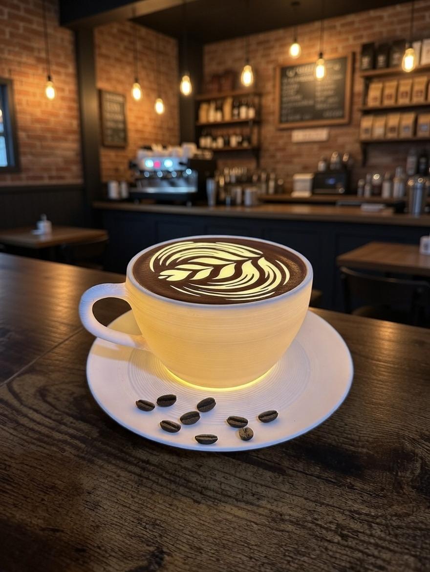 Dimmable Coffee Cup Lamp | Latte Art Light, Cozy Cafe Decor (6.5" Wide)