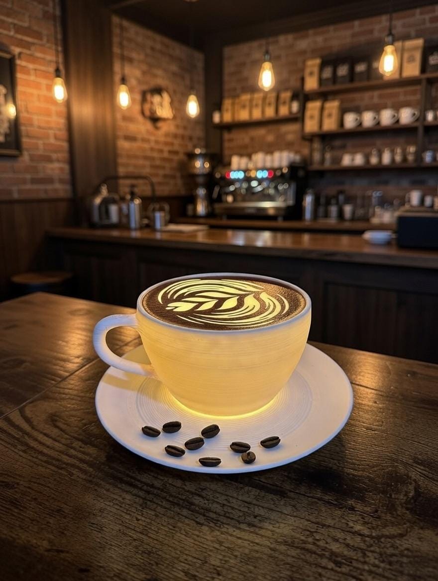 Dimmable Coffee Cup Lamp | Latte Art Light, Cozy Cafe Decor (6.5" Wide)