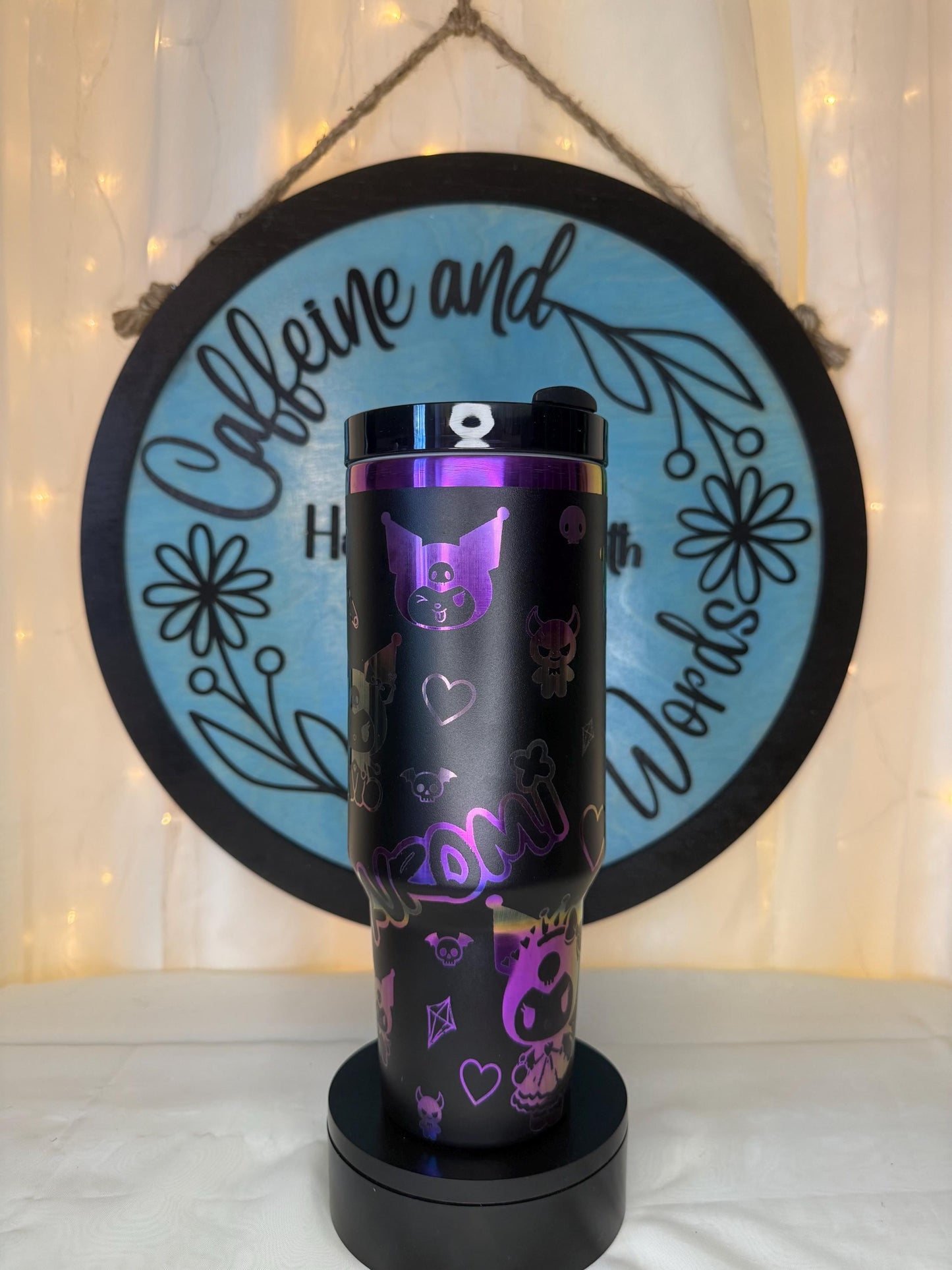 40oz laser engraved kuromi tumbler | holographic goth kawaii cup with handle | sanrio inspired drinkware | edgy cute iced coffee mug