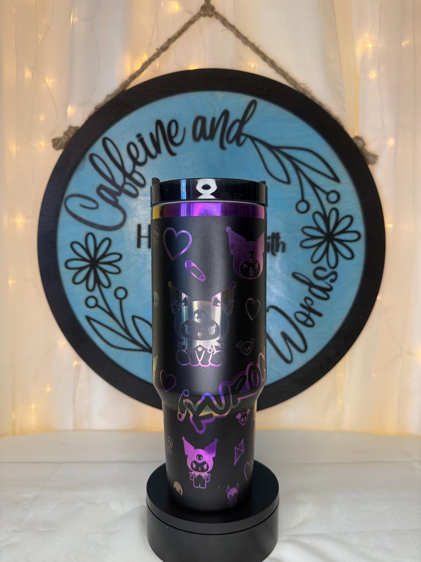40oz laser engraved kuromi tumbler | holographic goth kawaii cup with handle | sanrio inspired drinkware | edgy cute iced coffee mug