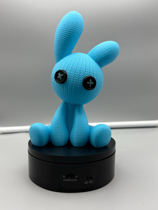 Blue faux knitted bunny figurine – button eyed amigurumi desk decor