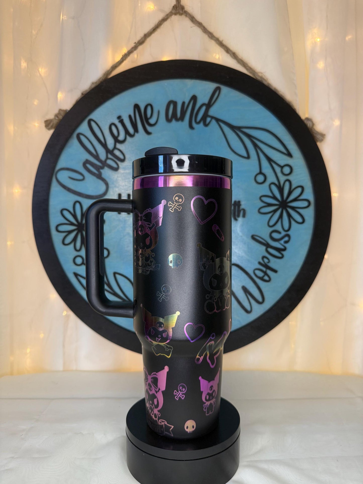 40oz laser engraved kuromi tumbler | holographic goth kawaii cup with handle | sanrio inspired drinkware | edgy cute iced coffee mug