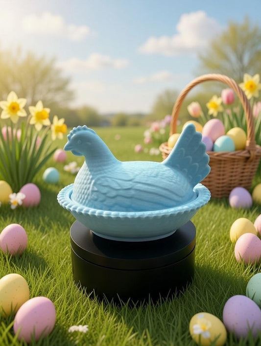 Robin's egg blue Hen on Nest covered dish | farmhouse easter candy bowl, trinket box