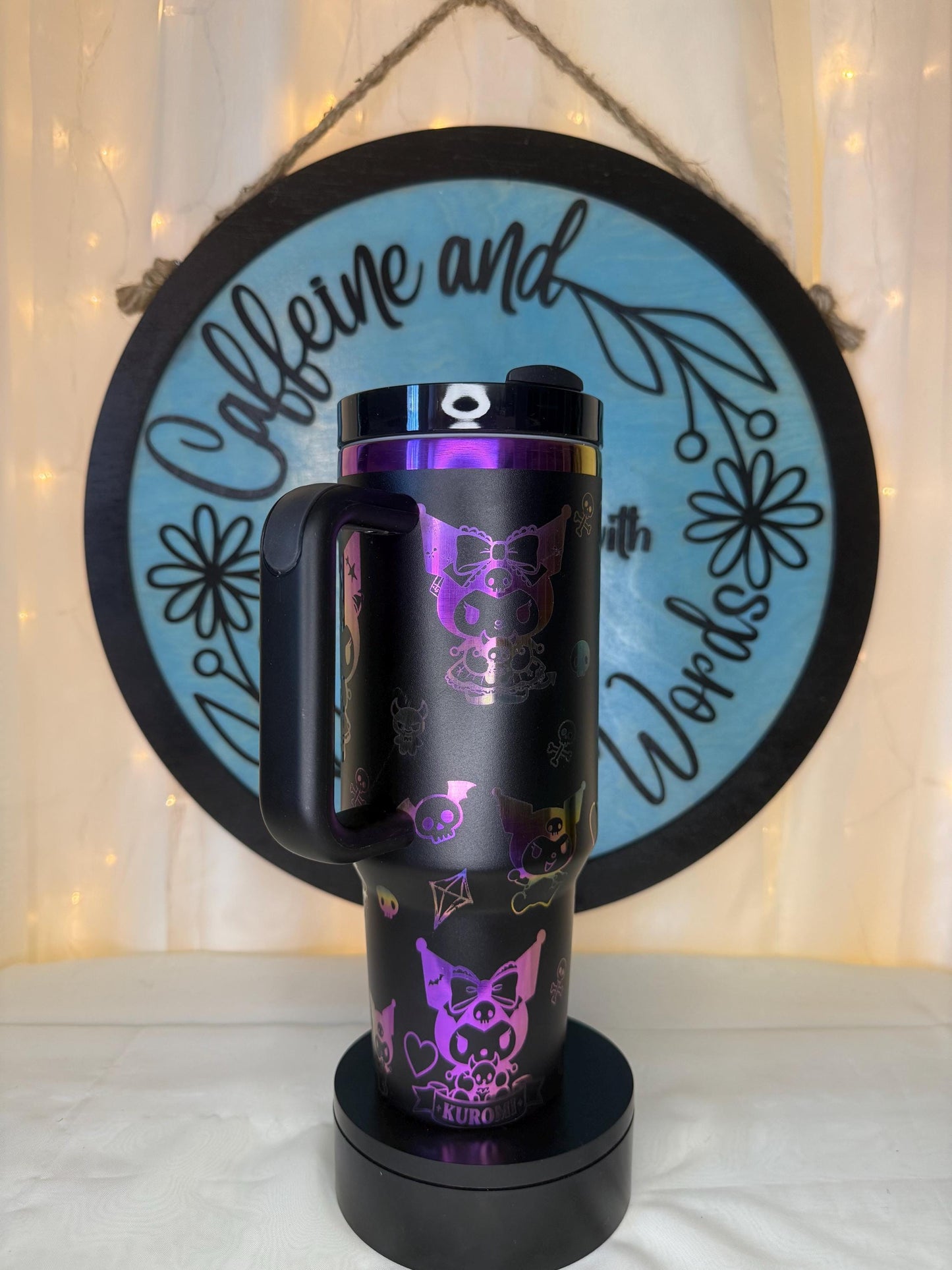 40oz laser engraved kuromi tumbler | holographic goth kawaii cup with handle | sanrio inspired drinkware | edgy cute iced coffee mug