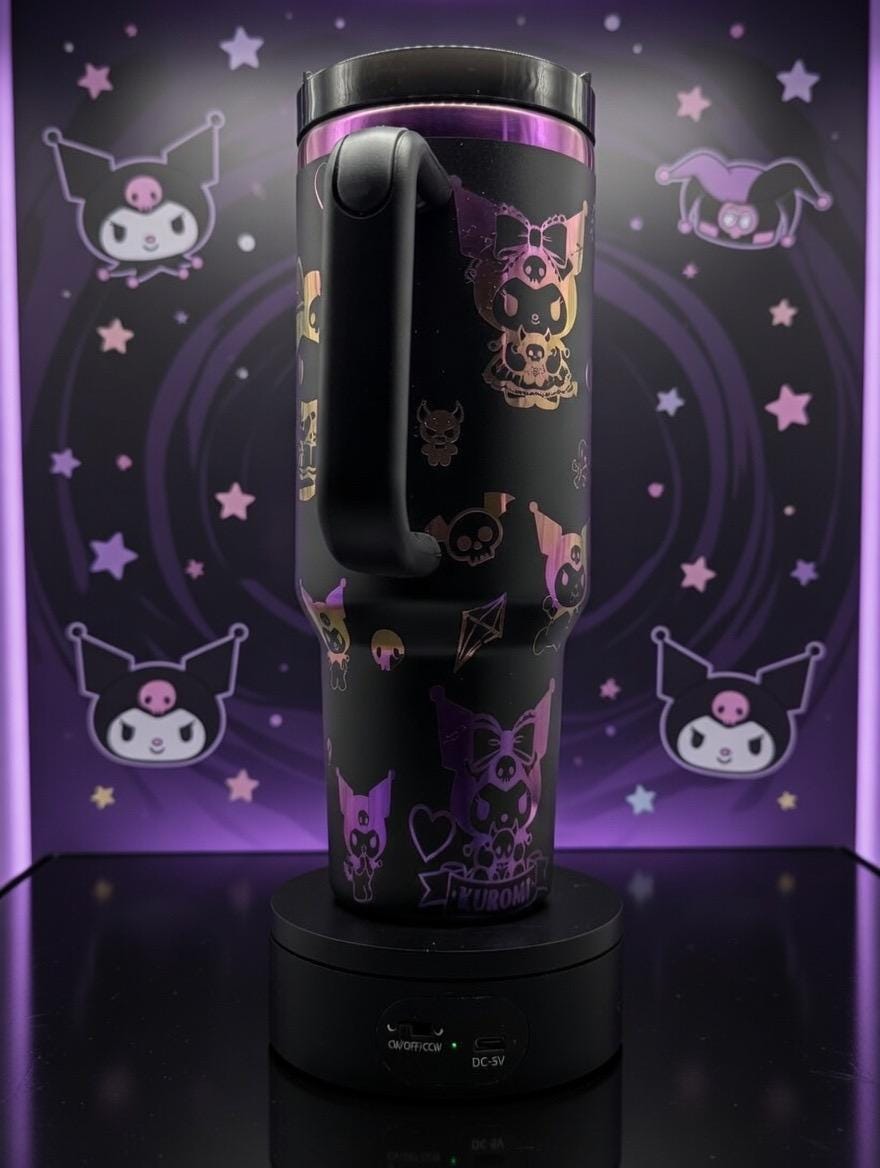40oz laser engraved kuromi tumbler | holographic goth kawaii cup with handle | sanrio inspired drinkware | edgy cute iced coffee mug