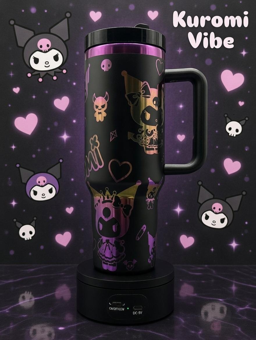 40oz laser engraved kuromi tumbler | holographic goth kawaii cup with handle | sanrio inspired drinkware | edgy cute iced coffee mug
