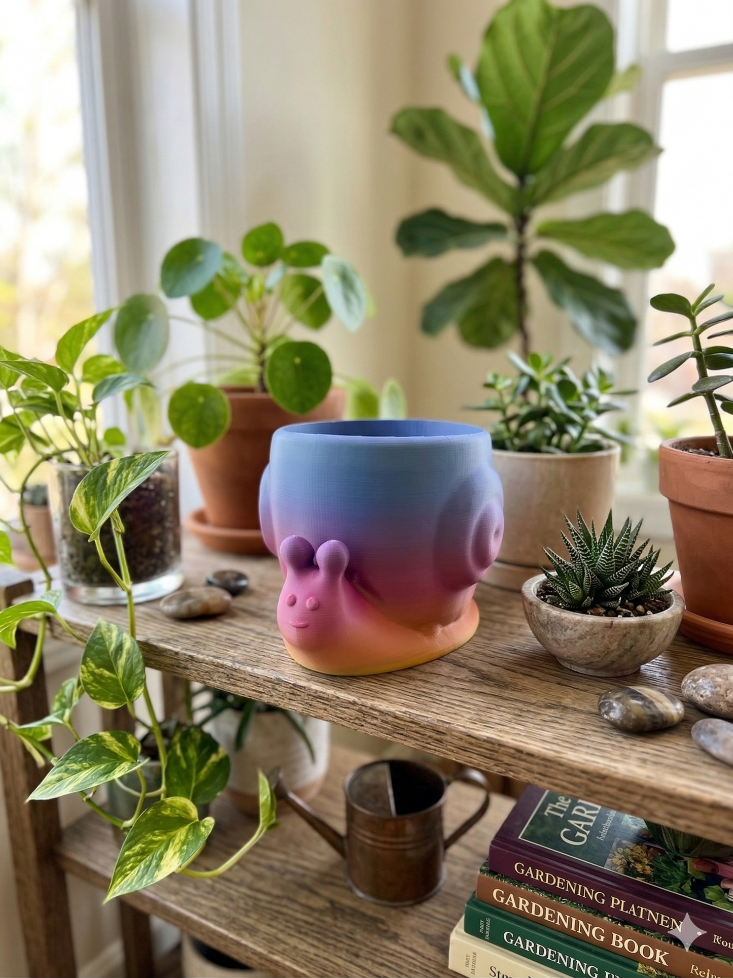  3D printed snail planter next to potted succulents and houseplants.