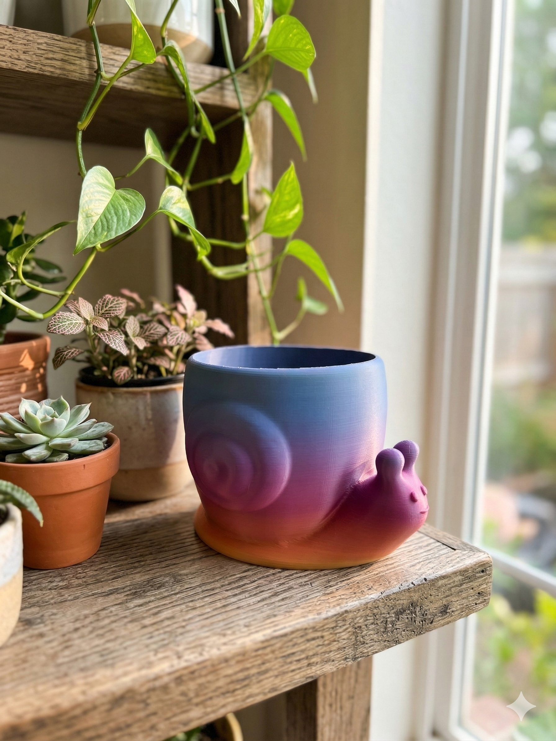 Gradient purple and orange 3D printed snail planter holding an air plant on a wooden shelf.
