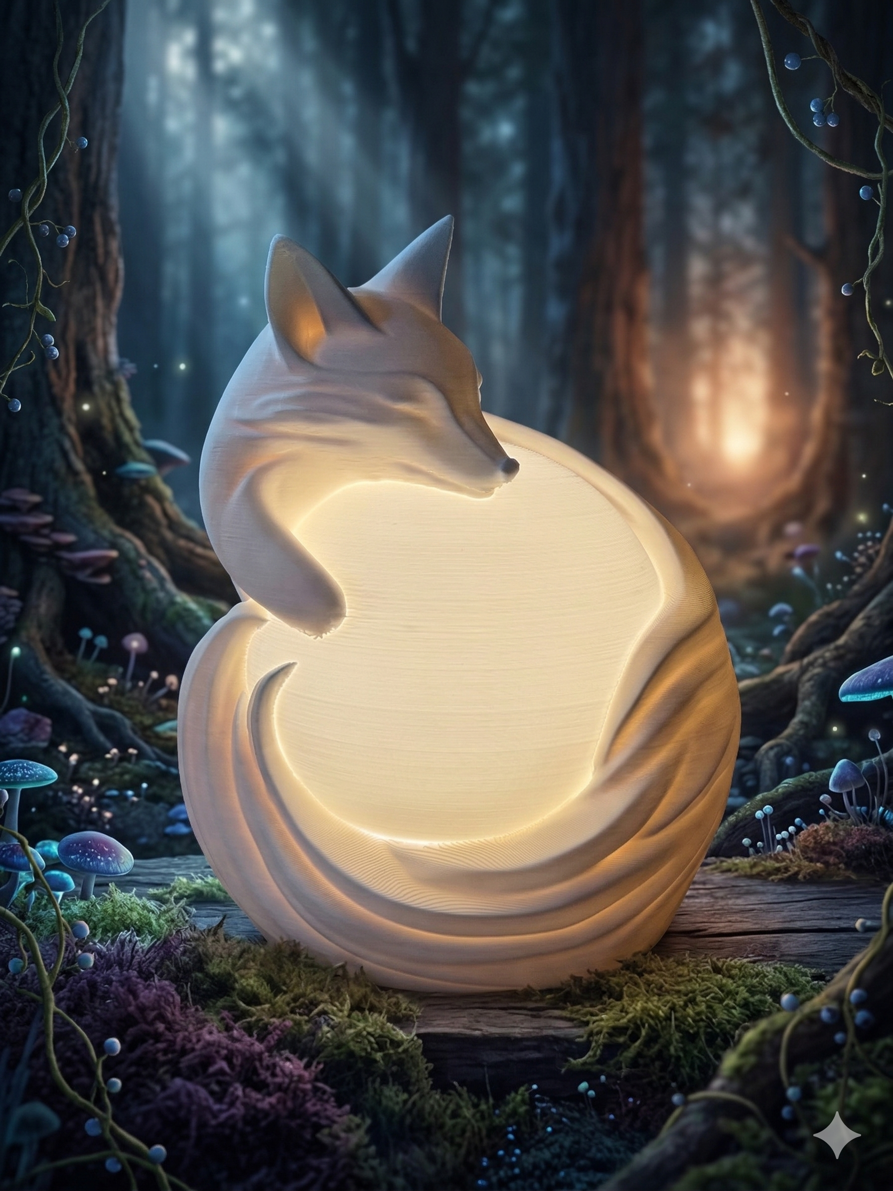 White 3D printed sleeping fox lamp glowing on a bedside table