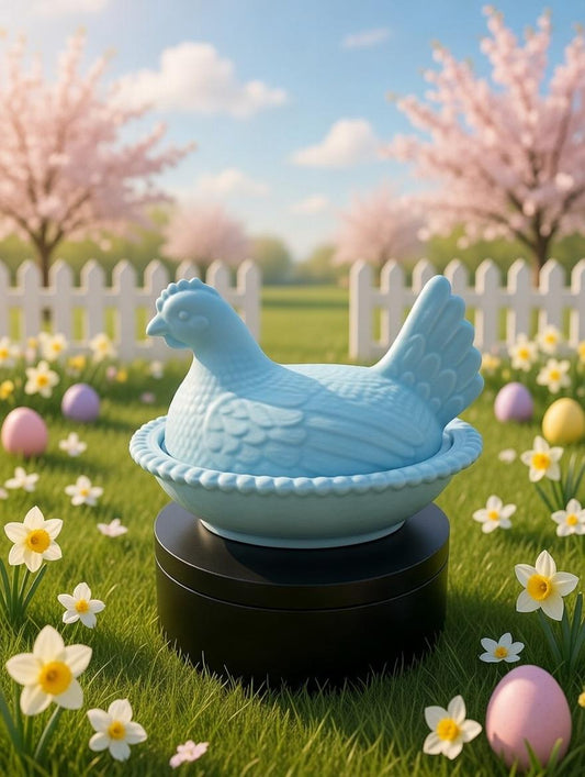 Robin's egg blue Hen on Nest covered dish | farmhouse easter candy bowl, trinket box