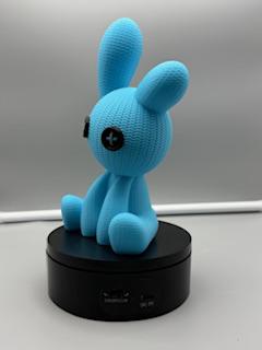 Blue faux knitted bunny figurine – button eyed amigurumi desk decor