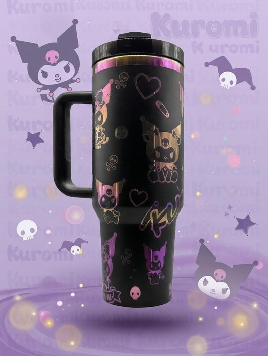 40oz laser engraved kuromi tumbler | holographic goth kawaii cup with handle | sanrio inspired drinkware | edgy cute iced coffee mug