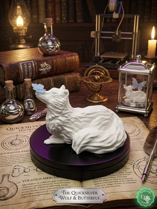 Snow Fox Figurine with Blue Butterfly | Alchemical Fantasy Decor