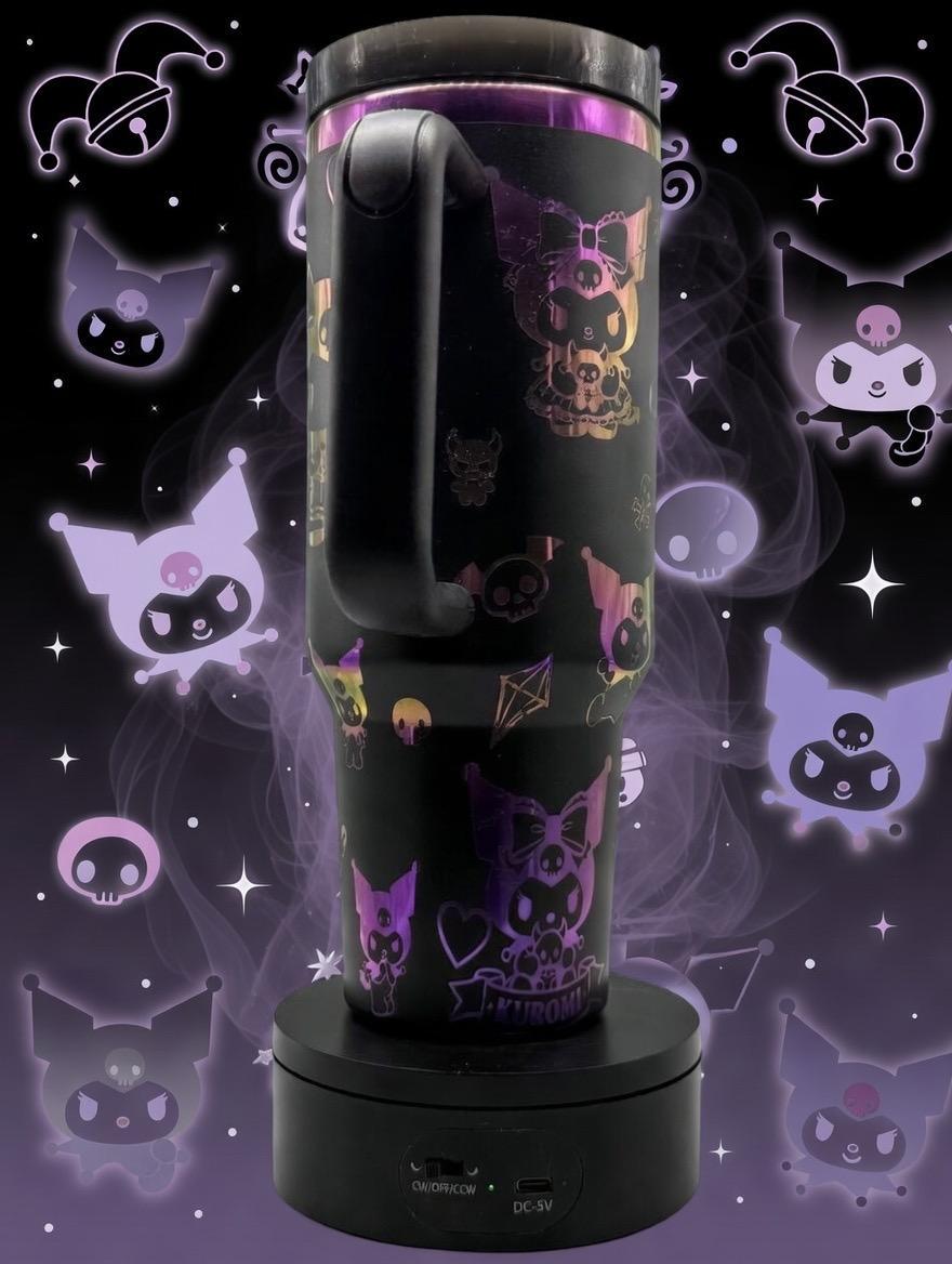 40oz laser engraved kuromi tumbler | holographic goth kawaii cup with handle | sanrio inspired drinkware | edgy cute iced coffee mug