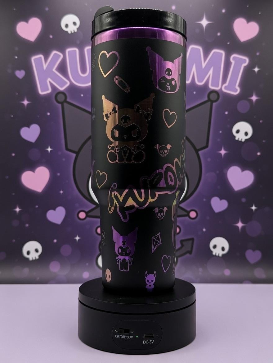 40oz laser engraved kuromi tumbler | holographic goth kawaii cup with handle | sanrio inspired drinkware | edgy cute iced coffee mug